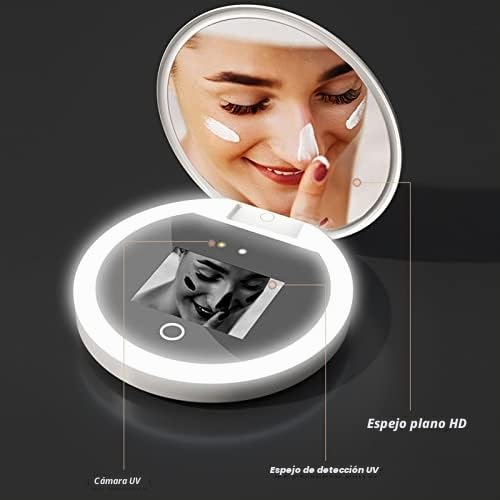 Luqeeg Espejo Compacto de Viaje con Cámara UV, Espejo UV Portátil de Aumento 2X con Luces Que Verifican el Protector Solar Facial, Espejo de Viaje Plegable de 3.5 Pulgadas