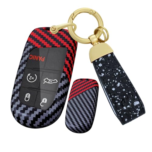 TECART Autoschlüssel Hülle Schlüsselhülle Passt für Jeep Cherokee Compass Renegade Dodge RAM 1500 Challenger Chrysler 200 FIAT Schlüsselschutz Schlüsselbund Zubehör Schlüsselanhänger B-Schwarz Rot