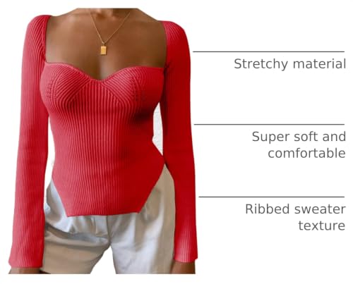 Image of Women's Square Neck Ribbed Knitted Sweater Long Sleeve Crop Slim Fitted Basic Pullover Tops