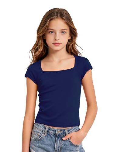 Image of Crop Tops for Girls Short Sleeve Shirt Girls Summer Tops Square Neck Slim Fit Tops Basic Tee