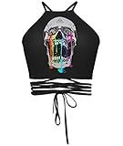 Ancia Womens Teens Girls Juniors Halterneck Sexy Vest Crop Top(Black Horror Skull)