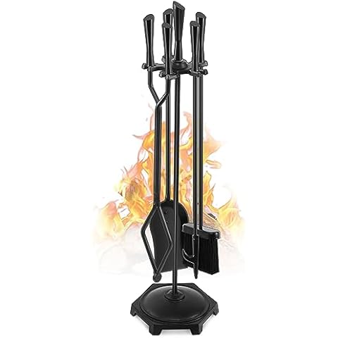 Gtongoko 5 Pcs Fireplace Tools Set 32" Black Wrought Iron Large Fire Tool Set for Outdoor/Indoor Include Chimney Poker, Rustic Tongs, Shovel, Antique Brush and Stand Accessories Set Cover