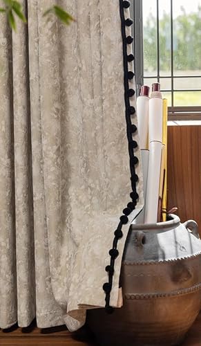 ANAZOZ Cortinas Cocina Ganchos,2 x 132W x 183H CM,2 Piezas Cortina Opaca Balcon Patrón de Jacquard Bola de Terciopelo con Borde Negro Cortina Beige Caqui Claro Negro Cocina