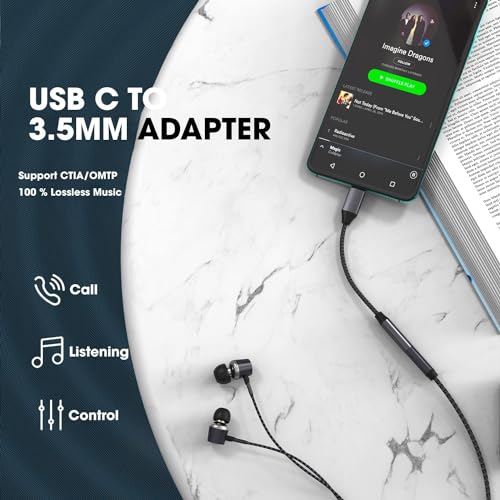 Image of Nylon Braided Black Type C to 3.5 mm Audio Jack Connector with DAC Headphone Converter Adapter Compatible with iPhone 15 Pro Max /15 Pro /15 Plus, Galaxy S23 /S22 /S21 /S208 & Other Type C Phones