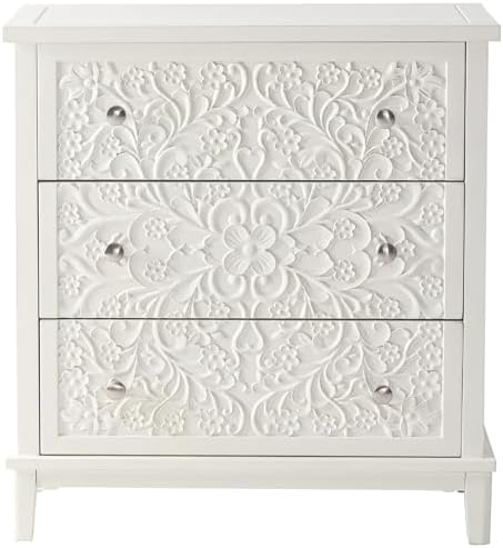 COZAYH Farmhouse 3-Drawer Dresser, Floral Carved, Distressed White-Washed | Engineered Wood, Solid Wood Legs, 26x13.5x28.25 in, Side-Mount Glides, Floral Carved Front, Antique Bronze Knobs