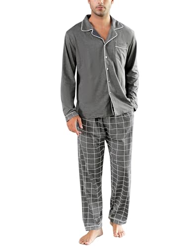 Bresdk Pijama Hombre Invierno Largo Algodón Conjunto de Pijamas Hombre de Manga Larga con Botones y Pantalones a Cuadros Suave y Cómodo