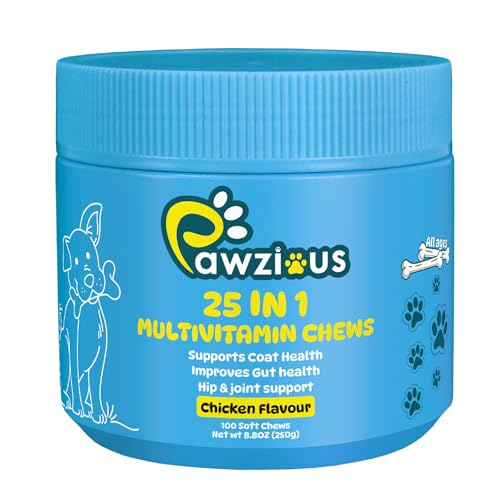25 in 1 Multivitamins for Dogs, Dog Supplements, Minerals with Omega 3 Fish Oil, Glucosamine, Chondrian & Zinc for Joints, Digestion, Heart, Skin & Coat Care, (100 Soft Chews - Chicken Flavor)