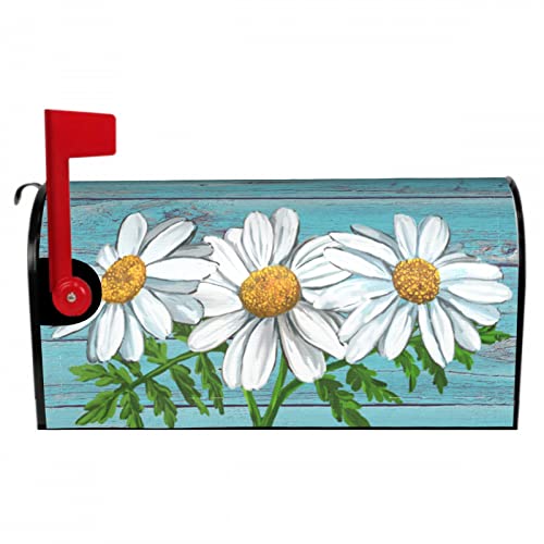 Summer Daisy Flowers Mailbox Cover Vintage Spring Floral Magnetic Mailbox Covers Teal Old Wood Board Mailbox Decals Large Post Letter Box Covers Garden Yard Home Decor For Outside 21" X18" #TOP3