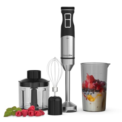 UNIVERSALBLUE Batidora de Mano 700W con Motor DC, Turbo y 9 Velocidades – Cuchillas de Acero Inoxidable - Accesorios: Picador, Vaso y Varillas – Pica y Tritura Hielo y Fácil de Limpiar
