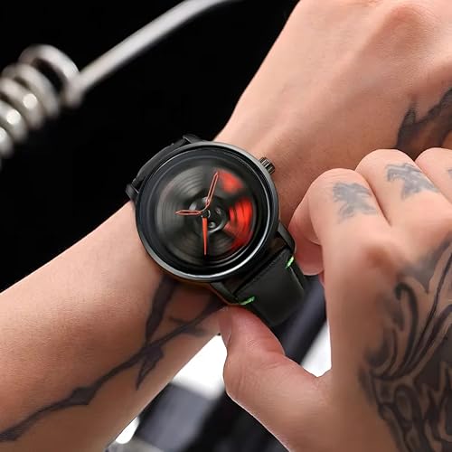 Image of Oculus Men's Racing Rim Design Rolling car Alloy Wheel, 360 Spinning Rotating gyro Dial, Black Stainless Steel Band, Quartz Movement, Red Accents Watch for Boys
