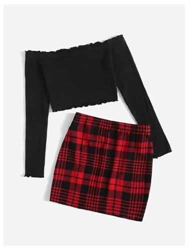 MakeMeChic Women's Casual Two Piece Outfits Ribbed Knit Off Shoulder Crop Top and Plaid Split Skirt Set2