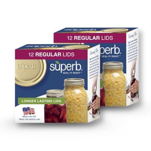 Superb Regular Mouth Mason Jar Canning Lids – Made in the USA – Pack of 12 Lids (2 Boxes -12 Lids Each)
