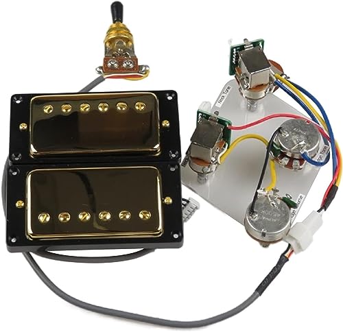 プレミアム ハムバッカー ピックアップ ネックとブリッジ セット 4C ワイヤリング ハーネスとプッシュプル スイッチ付き ギブソン エピフォン エレキギター用 (ゴールドブラックフレーム)