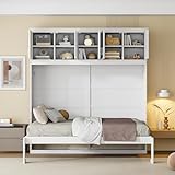 Merax Modern Farmhouse Solid Wood Murphy Bed Chest with Top Cabinets, Tall Wall Platform Bed Space Saving/Wood Slat Support Full,White
