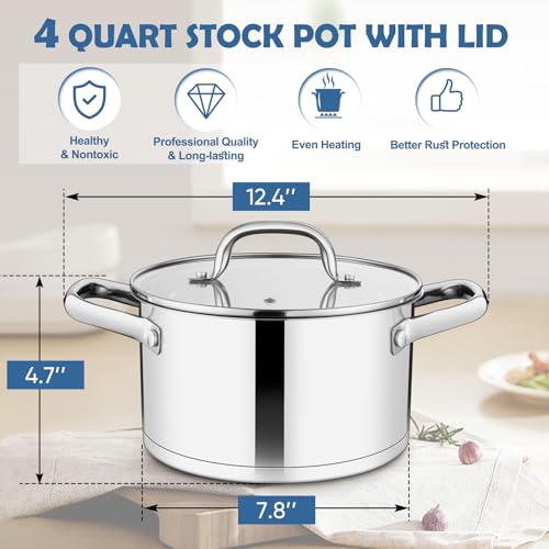 Teamfar Stainless Steel Stock Pot, 4-Quart Tri-Ply Base Stockpot Cooking Pasta Pot With Lid, For Induction Gas Glass Electric thumb #1