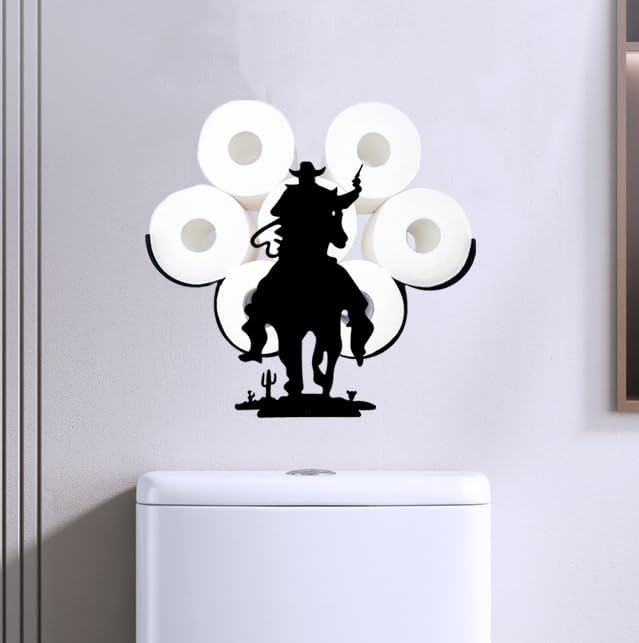 Miniatura 6 de Funny Cowboy with A Gun Paper Roll Holder Montado en la pared, soportes decorativos de papel de metal negro, almacenamiento de papel higiénico para
