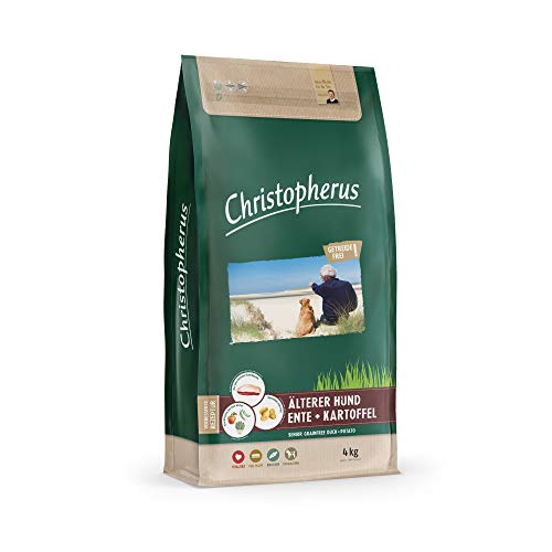 Christopherus Grainfree Senior, Vollnahrung für futtersensible Hunde ab dem 6. Jahr, Trockenfutter, Ente + Kartoffel, Krokettengröße ca. 1 cm, Älterer Hund, 4 kg Cover