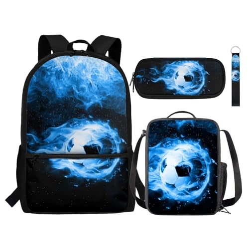 Set zaino per bambini con portapranzo portapenne portachiavi 4 in 1 regalo per ragazze ragazzi adolescenti Calcio Fuoco Taglia unica Zaini Daypack blu