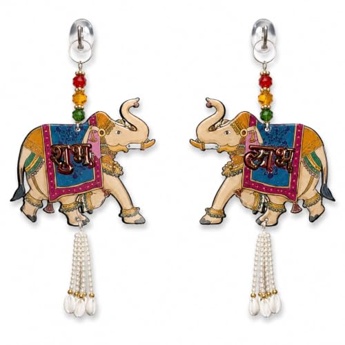 Image of Religious Door Hanging Decor with Pearl Beads & Tassel, Wooden Wall Hanging for Home Temple, Pooja Room, Entrance, Mandir Decoration & Spiritual Gift, Elephant