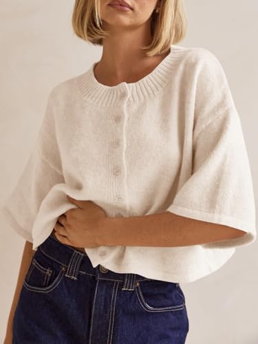 Saodimallsu Womens 3/4 Sleeve Cardigan Sweater Button Down Cropped Crewneck Cardigan 2025 Fall Casual Knit Tops2