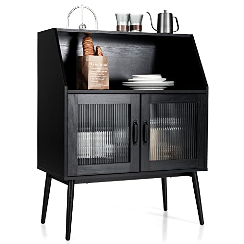 Petsite Sideboard Buffet Storage Cabinet, Kitchen Accent Console Table With Open Shelf & Tempered Glass Door For Dining Room Hallway, Black #TOP7