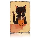 KERUNSM Vintage Black Cat Bubble Tea Poster Retro Japanese Boba Tea Funny Metal Sign 8x12 Inch For Bathroom Bedroom Home Wall Decor