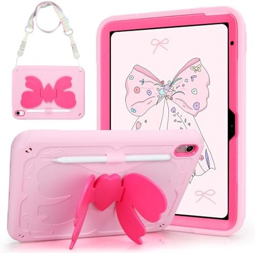 VOFUOE for iPad A16 Case 11th Generation 2025 11 Inch, for iPad 10th Generation Case 2022 10.9 Inch for Kids Girls with Sweet Bow Stand Shoulder Strap Pencil Holder Hard Cover-Pink &Hot Pink Bow