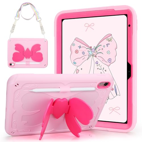 VOFUOE for iPad A16 Case 11th Generation 2025 11 Inch for iPad 10th Generation Case 2022 10.9 Inch for Kids Girls with Sweet Bow Stand Shoulder Strap Pencil Holder Hard Cover-Pink &Hot Pink Bow