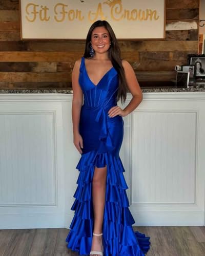 Mermaid Prom Dresses for Women Tiered Formal Dress with Slit Satin Evening Gowns4