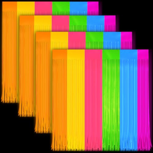 4 Pack Glow in The Dark Curtains Party Supplies 6.6 x 3.3 Ft Glow Tinsel Foil Fringe Curtains Colorful Patchwork Streamer Backdrop for Birthday Holiday Neon Party Decorations