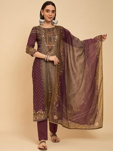 Image of SheWill Kurta Sets for Women - Red Rayon Aari Hand Work with Digital Floral Print Kurta with Pant and Chanderi Dupatta |Stylish Printed Summer Kurti Set