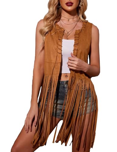 HOTOUCH Fringe Tops for Women Western Shirts Hippie Vest 70s Disco Cowboy Outfit Cowgirl Top Long Vest Jacket Faux Leather Cowgirl Shirts Brown S