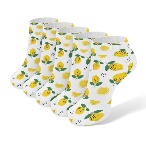 LITPUZC 5 Pairs Fashion Ankle Socks for Women Girl Lemon with Leaf White Crew Sock Soft Breathable Low Cut Socks for Sport Running Athletic
