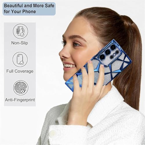 Image of VONZEE Gradient Glitter Clear Case for Samsung S25 Ultra, Luxury Electroplated 3D Cube, Diamond Bling Shiny Soft TPU Clear Shockproof Women Girls Protective Phone Cover (Blue)