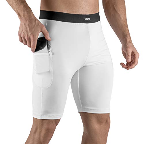 Sixlab Kurze Leggings Herren mit Smartphone Tasche Fitness Gym Shorts (Weiß, XL) Cover