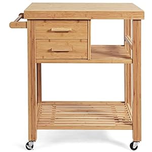 PETSITE Bamboo Kitchen Island Cart, Butcher Block Table on Wheels with Drawers, Shelves, Towel Rack PETSITE Bamboo Kitchen Island Cart Butcher Block Table on Wheels with Drawers Shelves Towel Rack