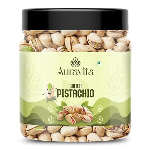 Image of Auravita Premium Roasted & Salted Pistachios 250gm | Crunchy & Flavorful Pista Dry Fruit | Resealable Jar | High in Protein & Fiber | Ideal for Snacking, Gifting & Recipes