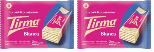 Tirma Ambrosía Cubierta de Chocolate Blanco | Barritas de Barquillos Rellenos de Crema y Bañados en Chocolate Blanco | Chocolatinas Canarias Envasadas Individualmente | 4 uds, 86g (Paquete de 2)