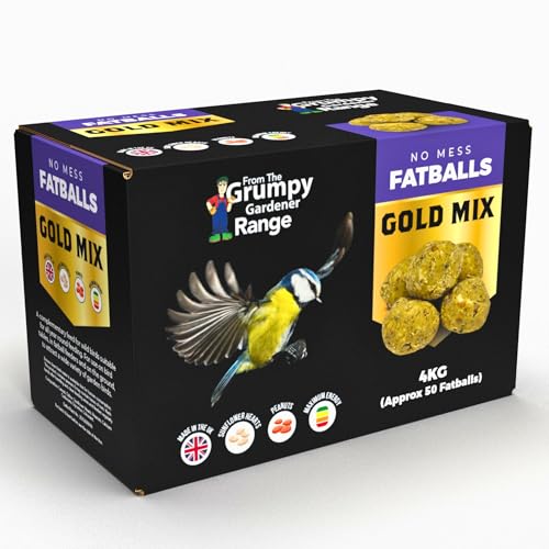Grumpy Gardener Fat Balls - Gold Mix Wild Bird Suet Balls Enriched with Beef Tallow Hearts Peanuts Sunflower Essential Bird Seed Blend Fatballs Bird Feed (50 pack 4kg)