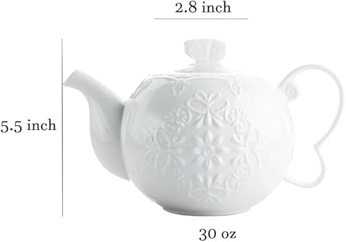 Miniatura 7 de Sizikato - Tetera de porcelana blanca con tapa, 30 oz, diseño de flores y mariposas en relieve