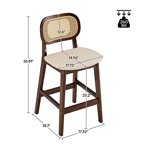 Rêvelife 25.2” Counter Height Bar Stools Set Of 3, Pu Leather Upholstered Counter Stool With Rattan Back And Solid Wood Frame Mid-Century Modern Bar Chair For Dining Room Kitchen Island, White #TOP2