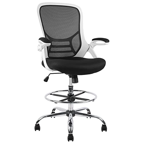 Image of HYLONE Drafting Chair, Tall Office Chair Mesh Standing Desk Stool with Adjustable Foot Ring, Flip-Up Arms, White & Black