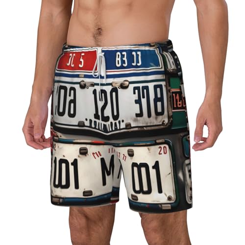 Old License Plate Print Mens Swim Shorts Trunks Inseam Compression Liner Quick Dry Zipper Pocket White2