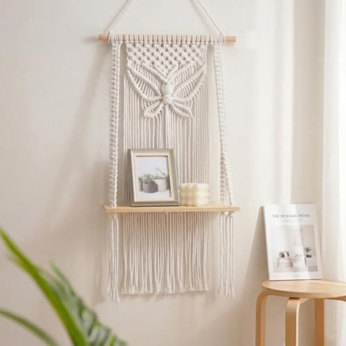 Image of Decazone Macrame Wall Hanging Shelf Bohemian Designs Home Decor Natural Pine Wooden Shelves and Cotton Cord (Mini Boho) (Butterfly)