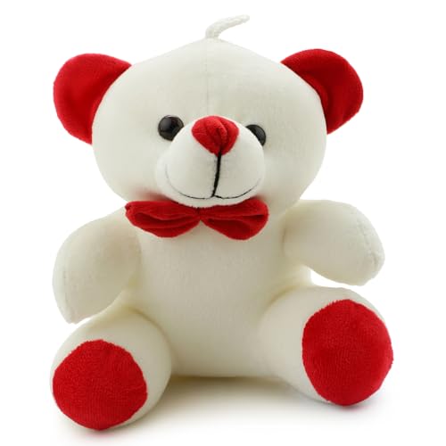 Image of White Teddy Bear Soft Toy for Kids, Girls & Boys | Cute Plush Stuffed Bear with Red Bow | Soft Huggable Cuddly Toy for Birthday, Valentine's Day, Baby Shower, Nursery Decor & Gift