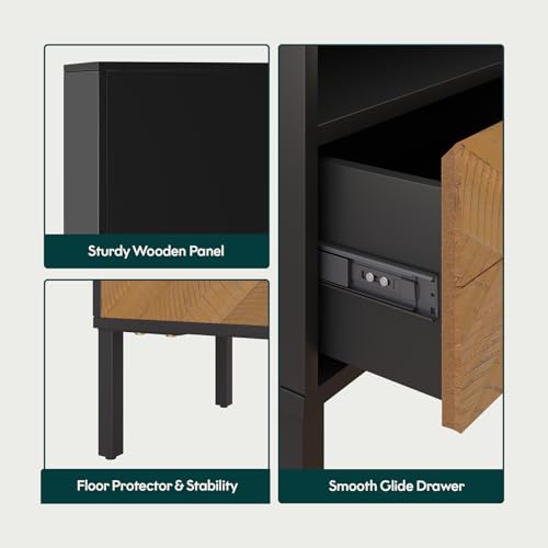 Image of Bme Vivian Solid Wood Nightstand, End Table, Bedside Table with Herringbone Pattern for Rustic Bedroom, Easy Assembly, Rustic Seadrift and Black