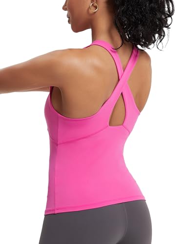 MathCat Womens Cross Back Workout Tank Tops-with Built in Bra, High Neck Athletic Yoga Gym Tank Tops Rosered