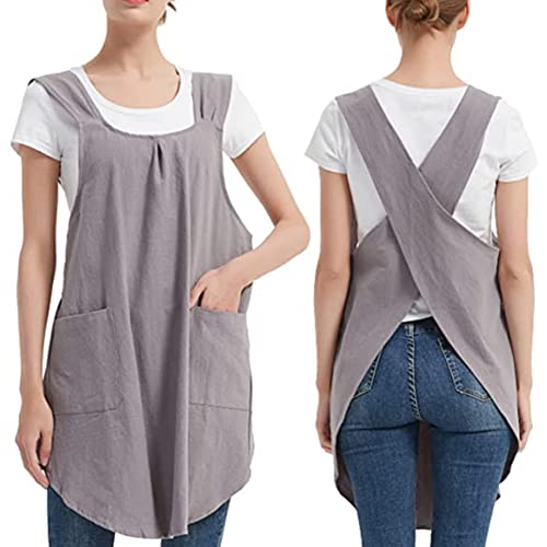 DanLink Solid Color Cotton Linen Apron with Big Pockets Japanese Style Halter Bandage Cross Bandage Aprons Retro Literature Bib Aprons Women for Kitchen Gardening Flower Girl Gray - Image 5