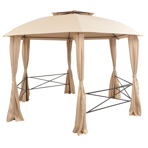 HOMELEN Tente de gazebo hexagonale avec rideaux 360 x 265 cm imperméable beige polyester pavillon extérieur abri de soleil pour les fêtes de jardin, barbecues, réunions de famille