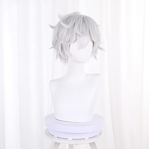Miniatura 3 de XiongXiongLe Peluca de anime de Halloween, cosplay, color gris y blanco, esponjoso, rizado, pelo corto, pelucas de repuesto para hombres, disfraces